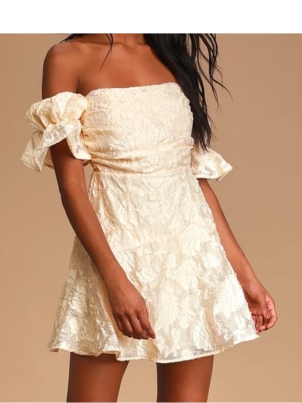 Lulu’s Humble Heart Cream Jacquard Off-the-Shoulder Mini Dress